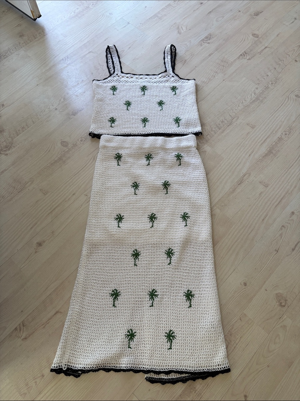 FRee assembly Women's White Crocheted Maxi Dress Set with Green Palm Embroidery